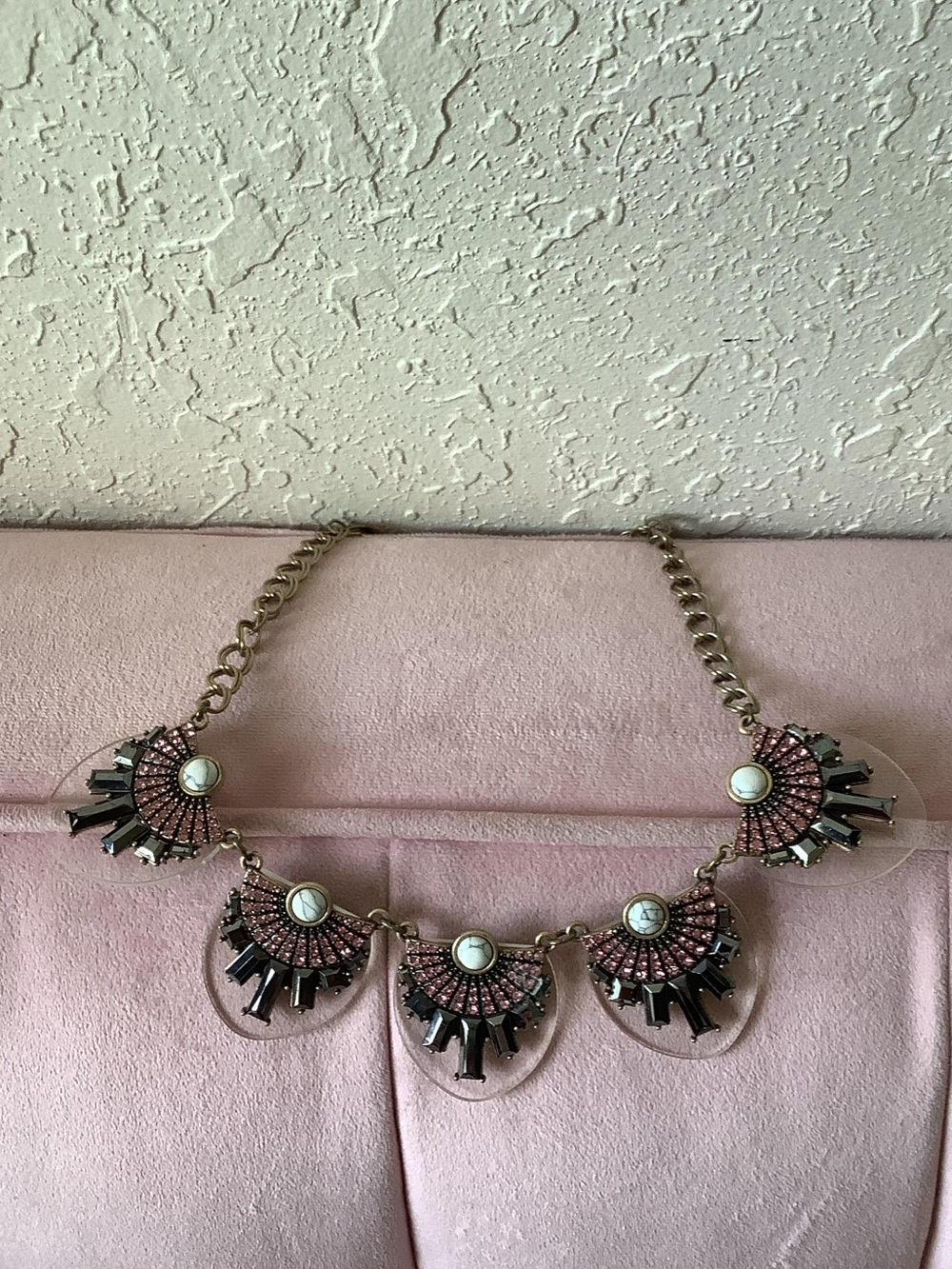 Gold-Tone Statement Necklace with Pink and Black Accents